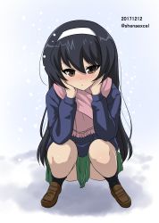 Rule 34 | 10s, 1girl, absurdres, black hair, black socks, blue coat, brown eyes, brown footwear, closed mouth, coat, commentary request, convenient censoring, dated, fringe trim, frown, full body, girls und panzer, green skirt, hairband, head rest, highres, loafers, long hair, long sleeves, looking at viewer, miniskirt, one-hour drawing challenge, ooarai school uniform, pink scarf, pleated skirt, reizei mako, scarf, school uniform, shiina excel, shoes, skirt, snow, socks, solo, squatting, twitter username, white hairband, winter uniform