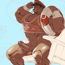 Rule 34 | 1boy, abs, bara, bare pectorals, biceps, capcom, cropped shirt, dark-skinned male, dark skin, dizdoodz, erection, feet out of frame, fishnet legwear, fishnet top, fishnets, hat, innertube, large pectorals, lifeguard, lifeguard chair, m. bison, male focus, midriff, military hat, muscular, muscular male, navel, nipples, no pupils, nude, pectorals, penis, red hat, revealing clothes, simple background, sitting, solo, stomach, street fighter, swim ring, thighs, uncensored, veins, veiny penis, whistle, whistle around neck