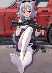Rule 34 | 1girl, animal ears, artist name, beret, blouse, blue hat, blue skirt, blue vest, blush, braid, bullet, car, cartridge, cat ears, fang, feet, fkey, floor, foot focus, foreshortening, gloves, grey background, gun, hat, highres, holding, holding gun, holding weapon, holster, knee up, long hair, magazine (weapon), miniskirt, motor vehicle, no shoes, open mouth, original, pantyhose, pleated skirt, red eyes, rifle, shirt, short sleeves, signature, silver hair, sitting, skirt, soles, solo, thigh holster, v-shaped eyebrows, vehicle, very long hair, vest, weapon, white gloves, white pantyhose, white shirt, wing collar