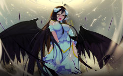 Rule 34 | 1girl, albedo (overlord), aowltus209, bad id, bad pixiv id, black hair, blush, breasts, dress, feathered wings, heart, heart-shaped pupils, highres, hip vent, horns, large breasts, looking at viewer, open mouth, overlord (maruyama), saliva, see-through, solo, symbol-shaped pupils, white dress, wings