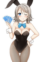 Rule 34 | 10s, 1girl, ;p, animal ears, bad id, bad pixiv id, blue eyes, blush, bow, breasts, card, cleavage, commentary request, detached collar, fake animal ears, fishnet pantyhose, fishnets, grey hair, holding, holding card, legs together, leotard, looking at viewer, love live!, love live! sunshine!!, one eye closed, pantyhose, playboy bunny, playing card, rabbit ears, rabbit tail, short hair, simple background, smile, solo, standing, suzume miku, tail, thigh gap, tongue, tongue out, watanabe you, white background, wrist cuffs