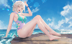 Rule 34 | 1girl, arm up, ass, bare legs, bare shoulders, barefoot, beach, blue sky, blush, borrowed character, breasts, casual one-piece swimsuit, cirilla lin, cleavage, cloud, commentary, day, highres, jewelry, looking at viewer, medium breasts, nacchan (ohisashiburi), ocean, one-piece swimsuit, open mouth, original, outdoors, red eyes, scenery, short hair, sitting, sky, smile, solo, swimsuit, thighs, water, wet, white hair
