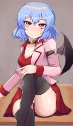 Rule 34 | 1girl, absurdres, alternate costume, armband, artist name, bat wings, black choker, black thighhighs, blue hair, breasts, choker, cleavage, commentary request, crossed legs, desk, fang, feet out of frame, hand on own knee, head tilt, highres, knee up, light blush, long sleeves, looking at viewer, medium breasts, no headwear, no headwear, on desk, open clothes, open shirt, panties, pantyshot, pink shirt, red eyes, red shirt, red skirt, remilia scarlet, school desk, shirt, shirt under shirt, short hair, sitting, on desk, skin fang, skirt, sleeve cuffs, smile, solo, thighhighs, touhou, underwear, white panties, wings, yeying1218