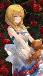 Rule 34 | 1girl, back bow, bare arms, bare shoulders, blonde hair, bow, braid, breasts, cleavage, cowboy shot, dress, female focus, floral background, flower, frilled dress, frills, green eyes, hair over shoulder, highres, holding, holding toy, lace, lace-trimmed dress, lace trim, long hair, looking at viewer, majo no ie, oohhya, plant, red flower, red ribbon, red rose, ribbon, rose, see-through, sleeveless, sleeveless dress, smile, solo, stuffed animal, stuffed toy, teddy bear, thorns, toy, twin braids, vines, viola (majo no ie), white dress