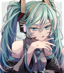 Rule 34 | 1girl, between breasts, black sleeves, blue eyes, blue hair, blue nails, blue necktie, border, breasts, collared shirt, detached sleeves, frilled shirt, frills, grey background, grey shirt, hair between eyes, hair intakes, hand up, hatsune miku, head rest, headset, highres, large breasts, long sleeves, looking at viewer, microphone, naguno-0713, nail polish, necktie, necktie between breasts, number tattoo, open mouth, outside border, shirt, sidelocks, signature, simple background, sleeveless, sleeveless shirt, solo, tattoo, tie clip, twintails, vocaloid, white border
