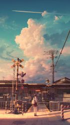 Rule 34 | 1girl, bag, blue sky, cloud, cloudy sky, commentary request, contrail, facing away, from behind, highres, ikegami kouki, long hair, low twintails, manhole cover, original, outdoors, pleated skirt, power lines, railroad crossing, railroad signal, scenery, school bag, school uniform, serafuku, shadow, shirt, skirt, sky, socks, solo, standing, sunlight, twintails, utility pole, white shirt, wide shot