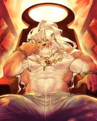 Rule 34 | 1boy, abs, absurdres, animal ears, bara, black claws, black sclera, braid, chain, chirenbo, claws, colored sclera, denim, dislyte, ear piercing, earrings, from below, furry, furry male, gold earrings, gold necklace, hair ornament, highres, javid (shamash) (dislyte), jeans, jewelry, lion boy, lion ears, lion mane, looking at viewer, looking down, male focus, necklace, pants, pectorals, piercing, red eyes, sitting, throne, topless male