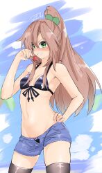 Rule 34 | 1girl, absurdres, alternate hairstyle, bikini, blush, breasts, brown hair, candy, cleavage, denim, denim shorts, food, green eyes, grin, hand on own hip, highres, if (neptunia), legs, long hair, looking at viewer, navel, neptune (series), ponytail, shorts, small breasts, smile, solo, swimsuit, thighs, unbuttoned, unzipped