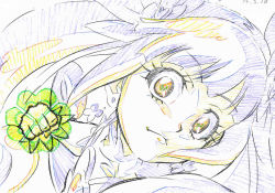 Rule 34 | 1girl, animation paper, clenched hand, close-up, clover, clover earrings, color trace, colored pencil (medium), commentary, cure rosetta, dokidoki! precure, foreshortening, four-leaf clover, frown, hair ornament, heart, heart hair ornament, highres, incoming attack, incoming punch, itaoka1, key frame, lips, looking at viewer, magical girl, partially colored, portrait, precure, production art, punching, solo, traditional media, twintails, yotsuba alice