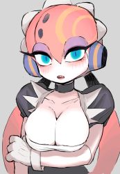 Rule 34 | 1girl, black choker, blue eyes, blush, boomina, boomina the maidroid, breast hold, breasts, choker, cleavage, eyeshadow, gashi-gashi, gloves, green eyes, large breasts, long hair, looking at viewer, low twintails, maid headdress, makeup, multicolored eyes, multicolored hair, orange hair, pink hair, robot ears, sharp teeth, slit pupils, solo, teeth, twintails, upper body, white gloves