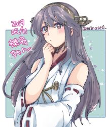 Rule 34 | 1girl, bare shoulders, brown eyes, character name, dated, detached sleeves, grey hair, hair ornament, hairclip, haruna (kancolle), headgear, highres, kantai collection, long hair, looking to the side, nontraditional miko, nun (eri), solo, twitter username, upper body