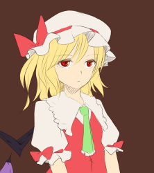 Rule 34 | 1girl, ascot, blonde hair, collared shirt, female focus, flandre scarlet, flat color, hair between eyes, hat, miyo (ranthath), mob cap, red eyes, shirt, side ponytail, solo, touhou, upper body, white hat, wings