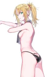 Rule 34 | 1girl, ass, ass cutout, blonde hair, breasts, butt crack, clothing cutout, fate/apocrypha, fate/grand order, fate (series), green eyes, highres, long hair, looking at viewer, mordred (fate), mordred (fate/apocrypha), nipi27, o-ring, o-ring bottom, ponytail, sideboob, simple background, solo, towel, underwear, white background