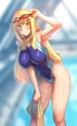 Rule 34 | 1girl, adjusting goggles, arm up, armpits, blonde hair, blue one-piece swimsuit, blurry, blurry background, bow (bhp), breasts, closed mouth, colored eyelashes, competition swimsuit, goggles, goggles on head, highleg, highleg swimsuit, holding, holding towel, impossible clothes, impossible swimsuit, large breasts, leaning forward, light frown, long hair, one-piece swimsuit, original, rei no pool, sketch, solo, swimsuit, towel, yellow eyes, yellow towel