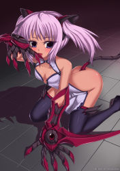 Rule 34 | 1girl, blush, breasts, butt crack, claws, darkmaya, female focus, kneeling, licking, looking at viewer, no panties, purple eyes, purple hair, shadow, small breasts, solo, tail, thighhighs, tongue, twintails
