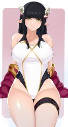 Rule 34 | 1girl, absurdres, black hair, breasts, competition swimsuit, highres, hime cut, large breasts, long hair, maruyaa (malya1006), minoto, monster hunter (series), monster hunter rise, one-piece swimsuit, pointy ears, solo, swimsuit, thigh strap, yellow eyes