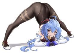 Rule 34 | 1girl, @ @, ahoge, arm rest, ass, bare shoulders, black bodysuit, black gloves, black pantyhose, blue hair, blush, bodysuit, breasts, colored tips, detached sleeves, flexible, full body, ganyu (genshin impact), genshin impact, gloves, goat horns, hands on ground, highres, horns, jack-o&#039; challenge, large breasts, leotard, long hair, long sleeves, meme, multicolored hair, open mouth, pantyhose, puramun, purple eyes, simple background, solo, spread legs, sweat, sweatdrop, top-down bottom-up, white background, wide spread legs