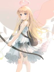 Rule 34 | 1other, angel, blonde hair, blue eyes, bow (weapon), crimvael, dress, halo, ishuzoku reviewers, jen (pixiv26112854), long hair, shorts, solo, weapon, white dress, wings