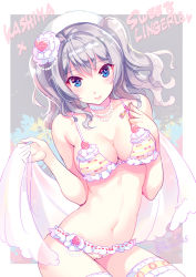 Rule 34 | 10s, 1girl, alternate costume, bare arms, bare shoulders, bikini, blue eyes, bow, bra, breasts, cake, character name, cleavage, collarbone, english text, food, food print, food-themed clothes, frilled bikini, frills, fruit, hair between eyes, hair bow, halterneck, halterneck, hand on own chest, kantai collection, kashima (kancolle), leaning forward, light smile, lingerie, lips, looking at viewer, medium breasts, navel, nishimura eri, panties, print bra, print panties, silver hair, sitting, solo, stomach, strawberry, strawberry shortcake, sweets, sweets lingerie, swimsuit, thighhighs, thighs, twintails, underwear, underwear only, wavy hair