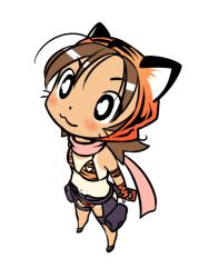 Rule 34 | 1girl, :3, ahoge, animal ears, animal print, armband, bad id, bad pixiv id, bikini, blush, bright pupils, brown hair, cat ears, chibi, fingerless gloves, from above, full body, gloves, hood, looking up, navel, one-piece tan, original, scarf, simple background, smile, solo, standing, striped bikini, striped clothes, swimsuit, tan, tanline, tiger print, tiger stripes, wang-pac, whiskers, white background, white pupils