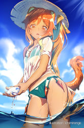 Rule 34 | 1girl, animal ears, artist name, bikini, bikini under clothes, blush, brown eyes, brown hat, commentary request, day, flat chest, green bikini, hat, ichimi renge, long hair, orange hair, original, outdoors, parted lips, see-through, shirt, short sleeves, solo, standing, straw hat, summer, swimsuit, tail, tail raised, tan, tanline, very long hair, wading, water, wet, wet clothes, wet shirt, white shirt, wringing clothes