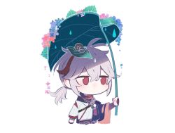 Rule 34 | 1boy, antenna hair, armor, chibi, closed mouth, commentary, cropped torso, fingerless gloves, flower, genshin impact, gloves, grey hair, hair between eyes, holding, japanese armor, japanese clothes, kaedehara kazuha, leaf, leaf on head, leaf umbrella, male focus, multicolored hair, ponytail, red eyes, ryu genshin77, simple background, snail, solo, streaked hair, symbol-only commentary, upper body, water drop, white background