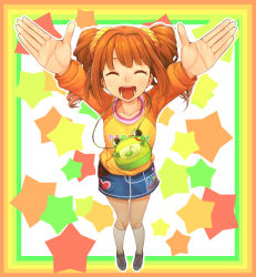 Rule 34 | 1girl, :d, arms up, border, closed eyes, foreshortening, hitoto, idolmaster, idolmaster (classic), kneehighs, looking at viewer, open mouth, orange hair, outstretched arms, perspective, scrunchie, skirt, smile, socks, solo, star (symbol), takatsuki yayoi, twintails, white socks