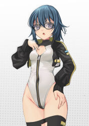 1girl absurdres alice_gear_aegis black_jacket black_thighhighs blue_hair breasts circle_cutout cleavage_cutout clothing_cutout companion/af covered_collarbone front_zipper full-length_zipper glasses gradient_background grey_background heattech_leotard highleg highleg_leotard highres itokura_neo jacket leotard medium_hair ponytail race_queen sleeveless_turtleneck_leotard small_breasts solo thighhighs turtleneck two-tone_leotard white_background white_leotard yashin_(yasinz) zipper zipper_leotard zipper_pull_tab