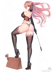 Rule 34 | 1girl, armpits, ass, bad id, bad pixiv id, black footwear, black gloves, black panties, blush, boots, breasts, commission, crop top, dominatrix, elbow gloves, floating hair, from behind, full body, gloves, high heel boots, high heels, holding, holding riding crop, holding whip, large breasts, long hair, looking at viewer, looking back, multi-strapped panties, original, panties, pink hair, red eyes, riding crop, smile, solo, strapless, suerte, thigh boots, thighhighs, underwear, watermark, whip, wide hips, wooden horse