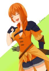 Rule 34 | 1girl, arrow (projectile), black gloves, breasts, character name, cleavage, closed eyes, fire emblem, fire emblem: three houses, gloves, highres, leonie pinelli, long hair, nintendo, open mouth, orange hair, quiver, short sleeves, shorts, simple background, solo, yutohiroya