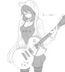 Rule 34 | 1girl, breasts, closed eyes, copyright name, greyscale, guitar, hirasawa yui, instrument, k-on!, kuzu kow, monochrome, pantyhose, short hair, simple background, sketch, smile, solo, striped clothes, striped pantyhose, white background