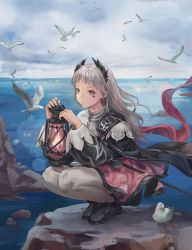 Rule 34 | 1girl, absurdres, animal, arknights, bird, black footwear, black shirt, blouse, capelet, cloud, cloudy sky, commentary request, day, full body, grey eyes, grey hair, highres, horizon, irene (arknights), lantern, long hair, long sleeves, looking at viewer, ocean, outdoors, pantyhose, pink skirt, puffy long sleeves, puffy sleeves, seagull, shirt, shoes, skirt, sky, solo, squatting, tangniji, very long hair, water, white capelet, white pantyhose