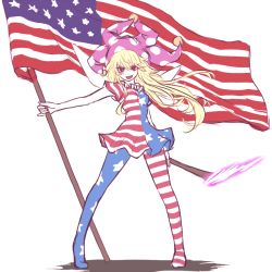 Rule 34 | 1girl, american flag, american flag dress, american flag legwear, american flag shirt, blonde hair, blush, clownpiece, fairy wings, flag, flat color, full body, hat, jester cap, long hair, looking at viewer, miata (miata8674), open mouth, pantyhose, print pantyhose, red eyes, short sleeves, simple background, smile, solo, star (symbol), striped, touhou, white background, wings