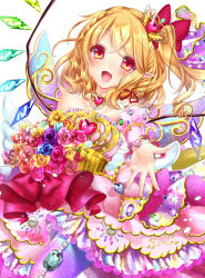 Rule 34 | 1girl, absurdres, alternate costume, alternate hairstyle, bad id, bad pixiv id, blonde hair, bouquet, braid, crossover, crystal, detached sleeves, dress, fang, flandre scarlet, flower, gem, hair ribbon, highres, jewelry, long sleeves, looking at viewer, necklace, no headwear, no headwear, open mouth, pointy ears, pretty series, pripara, puffy sleeves, red eyes, ribbon, rose, shanghai bisu, short hair, side ponytail, simple background, smile, solo, sparkle, strapless, strapless dress, touhou, white background, wings