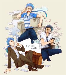 Rule 34 | 3boys, ahoge, bad id, bad pixiv id, black hair, blue hair, casual, cigarette, crossover, cu chulainn (fate), cu chulainn (fate) (all), cu chulainn (fate/prototype), cu chulainn (fate/stay night), diarmuid ua duibhne (lancer) (fate), earrings, fate/prototype, fate/stay night, fate/zero, fate (series), formal, haneko69, jewelry, long hair, male focus, mole, mole under eye, multiple boys, necktie, papers, ponytail, red eyes, suit, yellow eyes