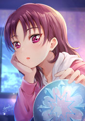 Rule 34 | 1girl, :o, artist name, blurry, blurry background, commentary, dated, english commentary, hair down, head rest, highres, hood, hood down, hoodie, kazuno leah, long hair, long sleeves, looking at viewer, love live!, love live! sunshine!!, pink hoodie, purple eyes, purple hair, shamakho, snow globe, solo, upper body