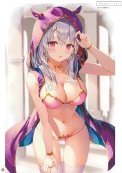 Rule 34 | 1girl, absurdres, bare shoulders, bikini, blush, breasts, chocolate heaven (fate/grand order), cleavage, cloak, collarbone, earrings, fate/grand order, fate (series), food, hair between eyes, hair ribbon, hand on own thigh, heart, highres, hood, hood up, hooded cloak, horned hood, horns, jewelry, kama (chocolate heaven) (fate), kama (fate), large breasts, long hair, looking at viewer, navel, necklace, non-web source, open mouth, pink bikini, red ribbon, ribbon, rin yuu, ring, scan, silver hair, skindentation, smile, solo, space, star (sky), swimsuit, thighhighs, thighs, white thighhighs