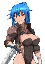Rule 34 | 1girl, abs, ass, blue hair, blush, breasts, coco ankou, jacket, muscular, orange eyes, smile, weapon