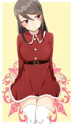 Rule 34 | 0:00, 1girl, brown eyes, brown hair, christmas, collared dress, commentary, dress, fur-trimmed dress, fur trim, girls und panzer, highres, long hair, long sleeves, looking to the side, mika (girls und panzer), no headwear, parted lips, red dress, santa dress, short dress, sitting, solo, thighhighs, white thighhighs, yellow background