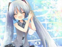 Rule 34 | 1girl, closed eyes, happy, hatsune miku, long hair, musical note, necktie, ou (swdp), solo, staff (music), twintails, vocaloid