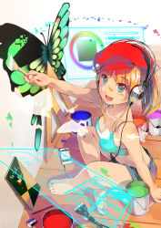 Rule 34 | 1girl, absurdres, barefoot, blonde hair, blue eyes, bug, butterfly, cellphone, foge, hat, headphones, highres, holographic monitor, insect, long hair, original, paint can, paintbrush, painting (action), phone, ponytail, shorts, sitting, sketchbook, smartphone, smile, solo