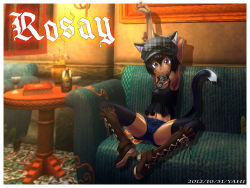 Rule 34 | 1girl, 3d background, animal ears, armpits, black hair, black thighhighs, blush, boots, breasts, cat ears, cat tail, chalice, collar, cross-laced footwear, cup, dark-skinned female, dark skin, dated, denim, denim shorts, ears through headwear, fang, fang out, highres, indoors, knees apart feet together, lace-up boots, midriff, navel, picture frame, short shorts, shorts, small breasts, smile, solo, tail, tan, thighhighs, unmoving pattern, yahi