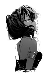 Rule 34 | 1girl, armlet, arms at sides, bare shoulders, choker, closed mouth, cropped torso, eyelashes, floating hair, from behind, greyscale, highres, looking at viewer, looking back, monochrome, ouri (aya pine), profile, sidelocks, smile, solo, sousou no frieren, strapless, ubel (sousou no frieren), upper body