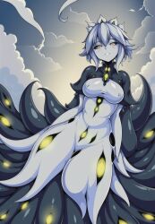 Rule 34 | 1girl, breasts, cloud, cloudy sky, covered erect nipples, crown, dress, extra eyes, from below, glowing, highres, long sleeves, looking at viewer, md5 mismatch, medium breasts, monster girl, pale skin, shoggoth, shoggoth (monster girl encyclopedia), sky, slime girl, solo, tentacles, white dress, white hair