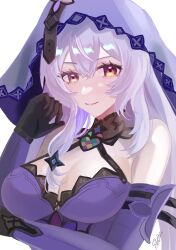 Rule 34 | 1girl, bare shoulders, black gloves, black swan (honkai: star rail), breasts, cleavage, commentary request, dress, elbow gloves, gloves, hand up, highres, honkai: star rail, honkai (series), large breasts, long hair, looking at viewer, purple dress, purple hair, simple background, sleeveless, sleeveless dress, smile, solo, sura (sra 975), upper body, veil, white background, yellow eyes