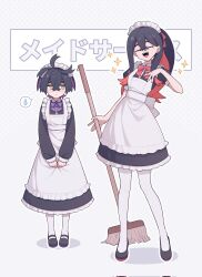 Rule 34 | 1boy, 1girl, alternate costume, apron, black dress, black footwear, black hair, brother and sister, carmine (pokemon), chinese commentary, closed mouth, commentary request, creatures (company), crossdressing, crossed bangs, dress, enmaided, frills, game freak, hair between eyes, hand up, highres, holding, holding mop, kashima momoki, kieran (pokemon), long hair, long sleeves, maid, maid headdress, mop, multicolored hair, nintendo, pantyhose, pokemon, pokemon sv, shoes, short hair, siblings, sparkle, standing, white apron, white pantyhose, yellow eyes