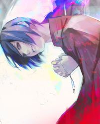 Rule 34 | 1girl, black hair, brown jacket, closed mouth, highres, holding, holding jewelry, holding necklace, jacket, jacket on shoulders, jewelry, unworn jewelry, kirishima touka, kyuuba melo, leaning forward, looking at viewer, looking to the side, necklace, unworn necklace, own hands clasped, own hands together, purple background, short hair, solo, tokyo ghoul, white background