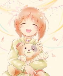Rule 34 | 10s, 1girl, bandages, boko (girls und panzer), brown eyes, brown hair, closed eyes, commentary, girls und panzer, green sweater, hair ribbon, holding, holding stuffed toy, kosame koori, long sleeves, looking at viewer, nishizumi miho, open mouth, petals, pink ribbon, ribbon, short hair, smile, solo, standing, stuffed animal, stuffed toy, sweater, teddy bear, upper body