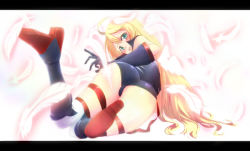 Rule 34 | 10s, 1girl, ahoge, ass, black gloves, blonde hair, boots, doronjo, feathers, gloves, green eyes, leopard (yatterman), leotard, letterboxed, long hair, looking at viewer, looking back, pops, solo, thighhighs, time bokan (series), very long hair, white thighhighs, yatterman, yoru no yatterman