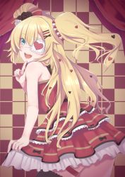 Rule 34 | 1girl, :d, akai haato, akai haato (gothic lolita), bandages, black thighhighs, blonde hair, blue eyes, bow, checkered background, curtains, dress, eyepatch, finger to mouth, hair bow, highres, hololive, ichi-go, long hair, open mouth, single thighhigh, skindentation, sleeveless, smile, thigh strap, thighhighs, twintails, virtual youtuber